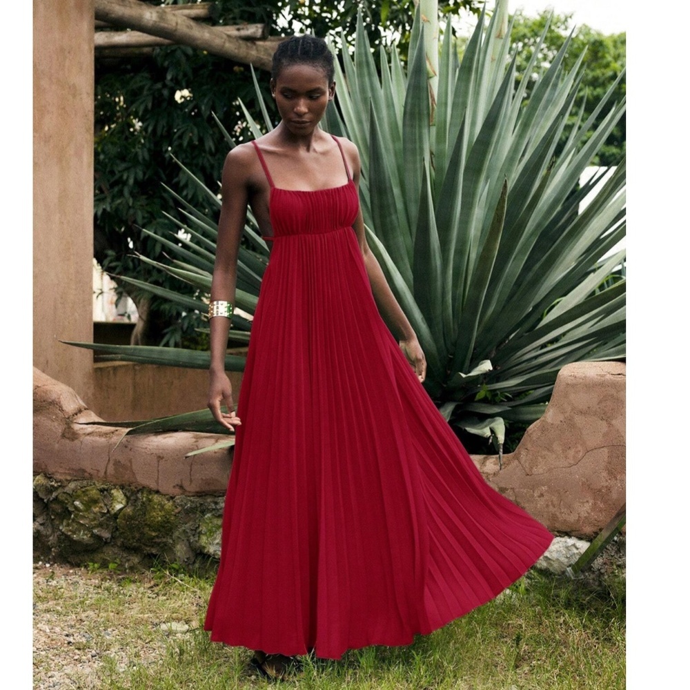 Red Pleated Maxi Babydoll Dress Open Back Flowy Skirt Tie Straps Lined